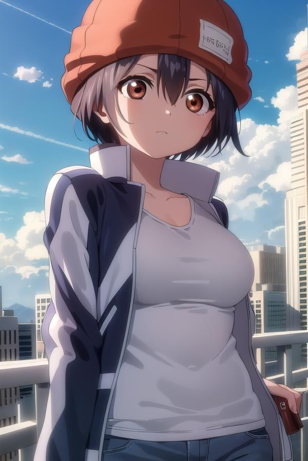 fuukoizumo, <lyco:fuuko izumo s1-lyco-nochekaiser:1>,fuuko izumo, black hair, hair between eyes, (brown eyes:1.5), short hair,BREAK shirt, white shirt, jacket, open jacket, pants, denim, beanie, (red beanie:1.2),BREAK outdoors, city, sky, clouds, sun,BREAK looking at viewer, (cowboy shot:1.5),BREAK <lyco:GoodHands-beta2:1>, (masterpiece:1.2), best quality, high resolution, unity 8k wallpaper, (illustration:0.8), (beautiful detailed eyes:1.6), extremely detailed face, perfect lighting, extremely detailed CG, (perfect hands, perfect anatomy),