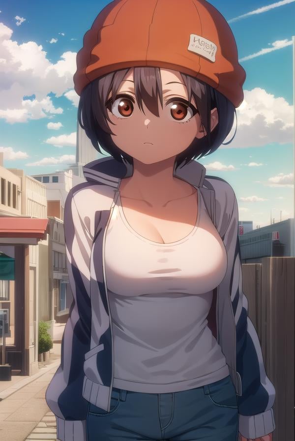 fuukoizumo, <lyco:fuuko izumo s1-lyco-nochekaiser:1>,fuuko izumo, black hair, hair between eyes, (brown eyes:1.5), short hair,BREAK shirt, white shirt, jacket, open jacket, pants, denim, beanie, (red beanie:1.2),BREAK outdoors, city, sky, clouds, sun,BREAK looking at viewer, (cowboy shot:1.5),BREAK <lyco:GoodHands-beta2:1>, (masterpiece:1.2), best quality, high resolution, unity 8k wallpaper, (illustration:0.8), (beautiful detailed eyes:1.6), extremely detailed face, perfect lighting, extremely detailed CG, (perfect hands, perfect anatomy),