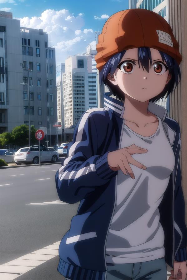 fuukoizumo, <lyco:fuuko izumo s1-lyco-nochekaiser:1>,fuuko izumo, black hair, hair between eyes, (brown eyes:1.5), short hair,BREAK shirt, white shirt, jacket, open jacket, pants, denim, beanie, (red beanie:1.2),BREAK outdoors, city, sky, clouds, sun,BREAK looking at viewer, (cowboy shot:1.5),BREAK <lyco:GoodHands-beta2:1>, (masterpiece:1.2), best quality, high resolution, unity 8k wallpaper, (illustration:0.8), (beautiful detailed eyes:1.6), extremely detailed face, perfect lighting, extremely detailed CG, (perfect hands, perfect anatomy),