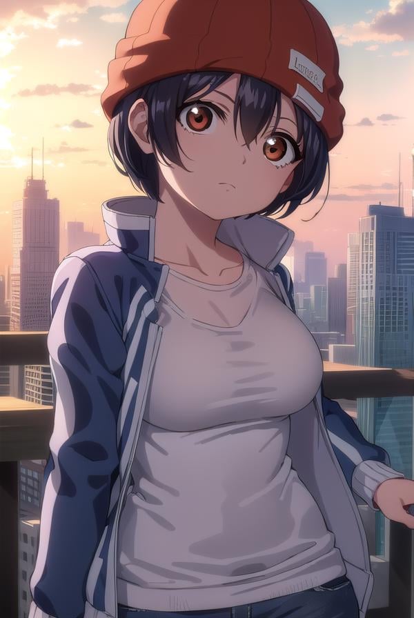 fuukoizumo, <lyco:fuuko izumo s1-lyco-nochekaiser:1>,fuuko izumo, black hair, hair between eyes, (brown eyes:1.5), short hair,BREAK shirt, white shirt, jacket, open jacket, pants, denim, beanie, (red beanie:1.2),BREAK outdoors, city, sky, clouds, sun,BREAK looking at viewer, (cowboy shot:1.5),BREAK <lyco:GoodHands-beta2:1>, (masterpiece:1.2), best quality, high resolution, unity 8k wallpaper, (illustration:0.8), (beautiful detailed eyes:1.6), extremely detailed face, perfect lighting, extremely detailed CG, (perfect hands, perfect anatomy),