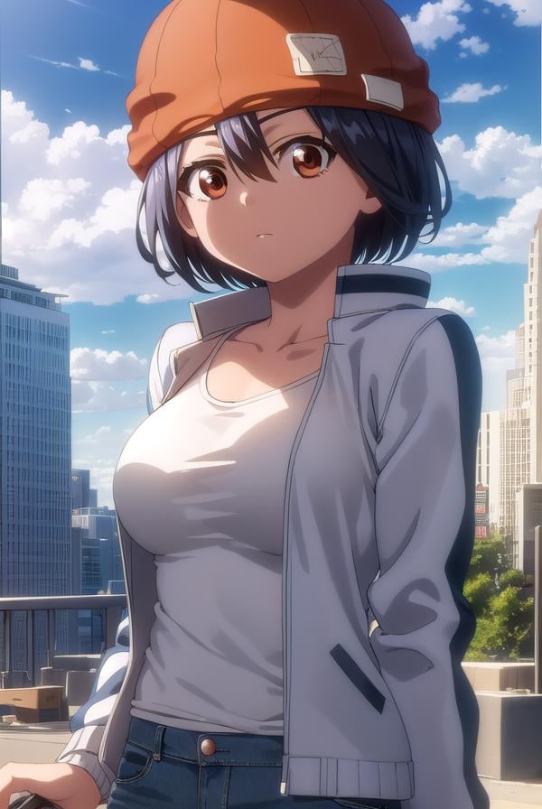 fuukoizumo, <lyco:fuuko izumo s1-lyco-nochekaiser:1>,fuuko izumo, black hair, hair between eyes, (brown eyes:1.5), short hair,BREAK shirt, white shirt, jacket, open jacket, pants, denim, beanie, (red beanie:1.2),BREAK outdoors, city, sky, clouds, sun,BREAK looking at viewer, (cowboy shot:1.5),BREAK <lyco:GoodHands-beta2:1>, (masterpiece:1.2), best quality, high resolution, unity 8k wallpaper, (illustration:0.8), (beautiful detailed eyes:1.6), extremely detailed face, perfect lighting, extremely detailed CG, (perfect hands, perfect anatomy),