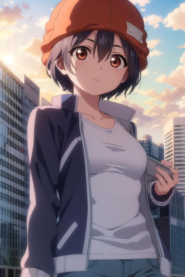 fuukoizumo, <lyco:fuuko izumo s1-lyco-nochekaiser:1>,fuuko izumo, black hair, hair between eyes, (brown eyes:1.5), short hair,BREAK shirt, white shirt, jacket, open jacket, pants, denim, beanie, (red beanie:1.2),BREAK outdoors, city, sky, clouds, sun,BREAK looking at viewer, (cowboy shot:1.5),BREAK <lyco:GoodHands-beta2:1>, (masterpiece:1.2), best quality, high resolution, unity 8k wallpaper, (illustration:0.8), (beautiful detailed eyes:1.6), extremely detailed face, perfect lighting, extremely detailed CG, (perfect hands, perfect anatomy),