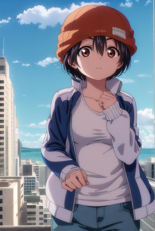 fuukoizumo, <lyco:fuuko izumo s1-lyco-nochekaiser:1>,fuuko izumo, black hair, hair between eyes, (brown eyes:1.5), short hair,BREAK shirt, white shirt, jacket, open jacket, pants, denim, beanie, (red beanie:1.2),BREAK outdoors, city, sky, clouds, sun,BREAK looking at viewer, (cowboy shot:1.5),BREAK <lyco:GoodHands-beta2:1>, (masterpiece:1.2), best quality, high resolution, unity 8k wallpaper, (illustration:0.8), (beautiful detailed eyes:1.6), extremely detailed face, perfect lighting, extremely detailed CG, (perfect hands, perfect anatomy),