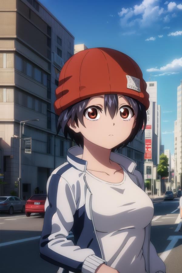 fuukoizumo, <lyco:fuuko izumo s1-lyco-nochekaiser:1>,fuuko izumo, black hair, hair between eyes, (brown eyes:1.5), short hair,BREAK shirt, white shirt, jacket, open jacket, pants, denim, beanie, (red beanie:1.2),BREAK outdoors, city, sky, clouds, sun,BREAK looking at viewer, (cowboy shot:1.5),BREAK <lyco:GoodHands-beta2:1>, (masterpiece:1.2), best quality, high resolution, unity 8k wallpaper, (illustration:0.8), (beautiful detailed eyes:1.6), extremely detailed face, perfect lighting, extremely detailed CG, (perfect hands, perfect anatomy),