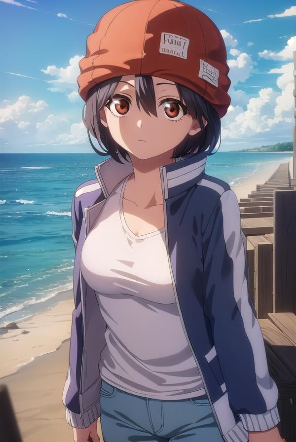 fuukoizumo, <lyco:fuuko izumo s1-lyco-nochekaiser:1>,fuuko izumo, black hair, hair between eyes, (brown eyes:1.5), short hair,BREAK shirt, white shirt, jacket, open jacket, pants, denim, beanie, (red beanie:1.2),BREAK outdoors, city, sky, clouds, sun,BREAK looking at viewer, (cowboy shot:1.5),BREAK <lyco:GoodHands-beta2:1>, (masterpiece:1.2), best quality, high resolution, unity 8k wallpaper, (illustration:0.8), (beautiful detailed eyes:1.6), extremely detailed face, perfect lighting, extremely detailed CG, (perfect hands, perfect anatomy),