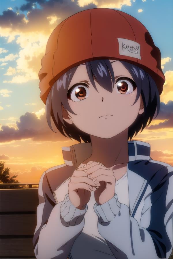 fuukoizumo, <lyco:fuuko izumo s1-lyco-nochekaiser:1>,fuuko izumo, black hair, hair between eyes, (brown eyes:1.5), short hair,BREAK shirt, white shirt, jacket, open jacket, pants, denim, beanie, (red beanie:1.2),BREAK outdoors, city, sky, clouds, sun,BREAK looking at viewer, (cowboy shot:1.5),BREAK <lyco:GoodHands-beta2:1>, (masterpiece:1.2), best quality, high resolution, unity 8k wallpaper, (illustration:0.8), (beautiful detailed eyes:1.6), extremely detailed face, perfect lighting, extremely detailed CG, (perfect hands, perfect anatomy),