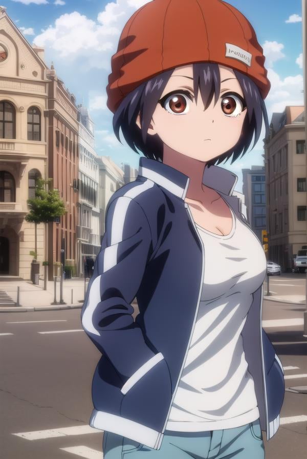 fuukoizumo, <lyco:fuuko izumo s1-lyco-nochekaiser:1>,fuuko izumo, black hair, hair between eyes, (brown eyes:1.5), short hair,BREAK shirt, white shirt, jacket, open jacket, pants, denim, beanie, (red beanie:1.2),BREAK outdoors, city, sky, clouds, sun,BREAK looking at viewer, (cowboy shot:1.5),BREAK <lyco:GoodHands-beta2:1>, (masterpiece:1.2), best quality, high resolution, unity 8k wallpaper, (illustration:0.8), (beautiful detailed eyes:1.6), extremely detailed face, perfect lighting, extremely detailed CG, (perfect hands, perfect anatomy),