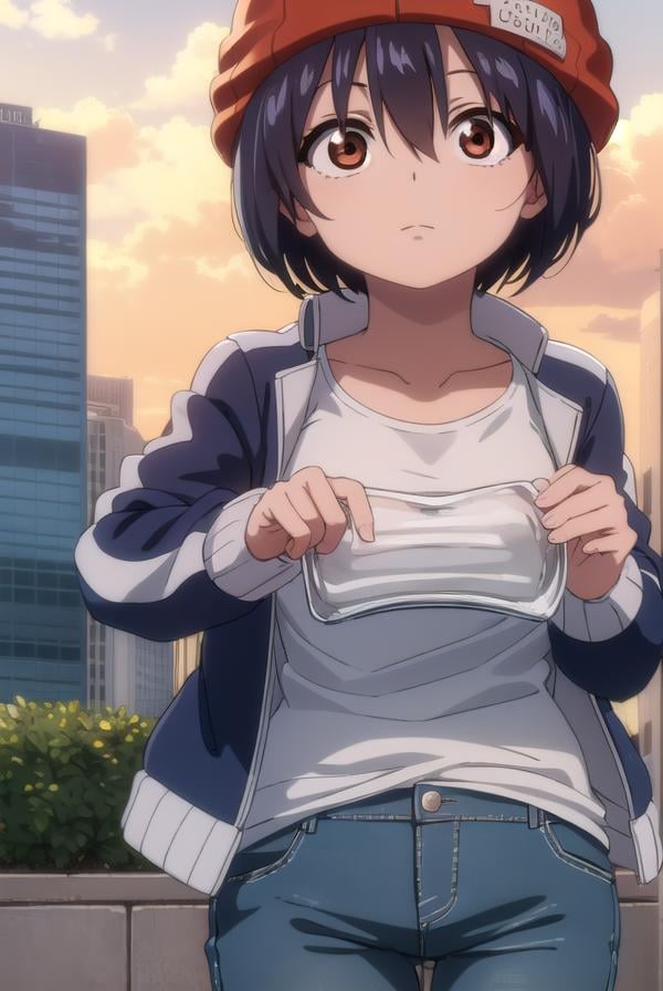 fuukoizumo, <lyco:fuuko izumo s1-lyco-nochekaiser:1>,fuuko izumo, black hair, hair between eyes, (brown eyes:1.5), short hair,BREAK shirt, white shirt, jacket, open jacket, pants, denim, beanie, (red beanie:1.2),BREAK outdoors, city, sky, clouds, sun,BREAK looking at viewer, (cowboy shot:1.5),BREAK <lyco:GoodHands-beta2:1>, (masterpiece:1.2), best quality, high resolution, unity 8k wallpaper, (illustration:0.8), (beautiful detailed eyes:1.6), extremely detailed face, perfect lighting, extremely detailed CG, (perfect hands, perfect anatomy),