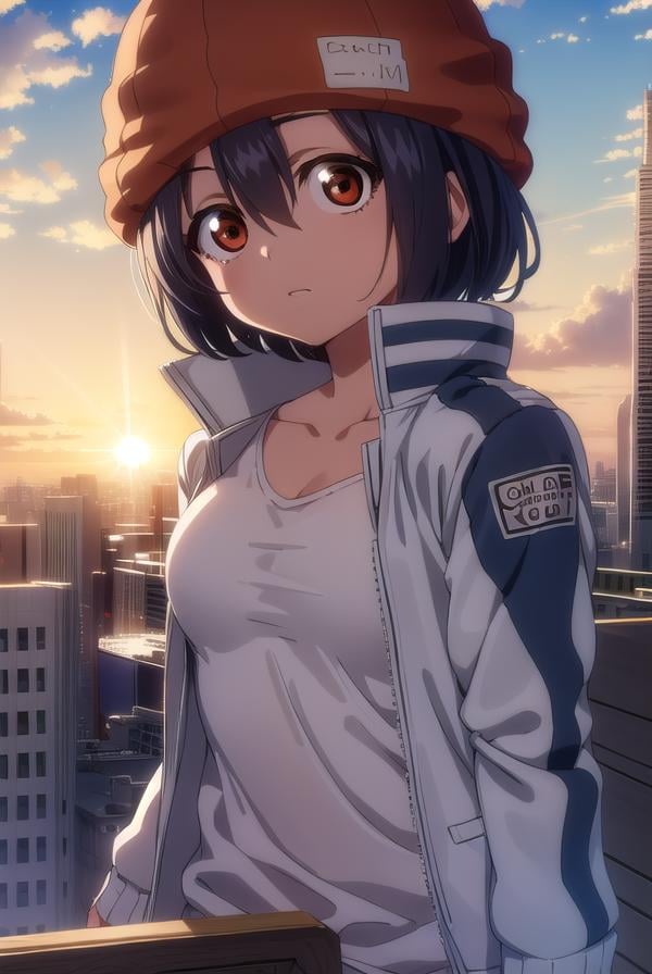 fuukoizumo, <lyco:fuuko izumo s1-lyco-nochekaiser:1>,fuuko izumo, black hair, hair between eyes, (brown eyes:1.5), short hair,BREAK shirt, white shirt, jacket, open jacket, pants, denim, beanie, (red beanie:1.2),BREAK outdoors, city, sky, clouds, sun,BREAK looking at viewer, (cowboy shot:1.5),BREAK <lyco:GoodHands-beta2:1>, (masterpiece:1.2), best quality, high resolution, unity 8k wallpaper, (illustration:0.8), (beautiful detailed eyes:1.6), extremely detailed face, perfect lighting, extremely detailed CG, (perfect hands, perfect anatomy),