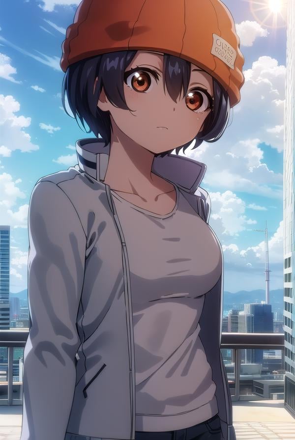 fuukoizumo, <lyco:fuuko izumo s1-lyco-nochekaiser:1>,fuuko izumo, black hair, hair between eyes, (brown eyes:1.5), short hair,BREAK shirt, white shirt, jacket, open jacket, pants, denim, beanie, (red beanie:1.2),BREAK outdoors, city, sky, clouds, sun,BREAK looking at viewer, (cowboy shot:1.5),BREAK <lyco:GoodHands-beta2:1>, (masterpiece:1.2), best quality, high resolution, unity 8k wallpaper, (illustration:0.8), (beautiful detailed eyes:1.6), extremely detailed face, perfect lighting, extremely detailed CG, (perfect hands, perfect anatomy),