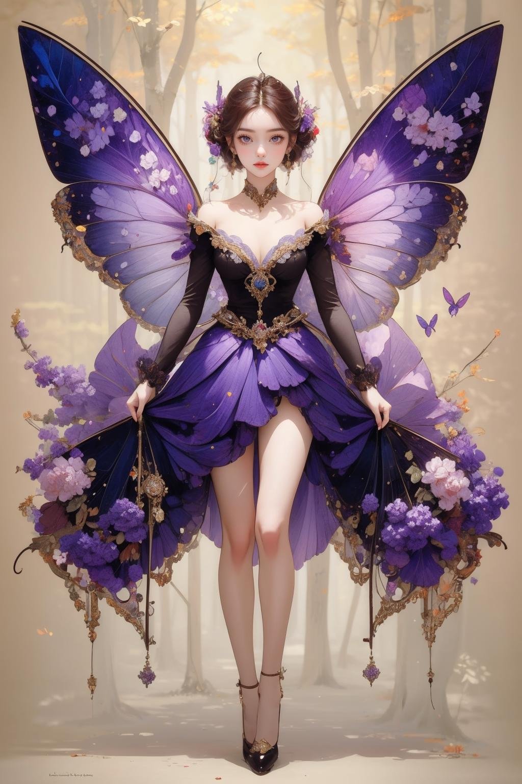 1girl,solo,<lora:md1-000009:0.7>,butterfly wings,full body,looking at viewer,forest,purple theme,, masterpiece,best quality,ultra-detailed,