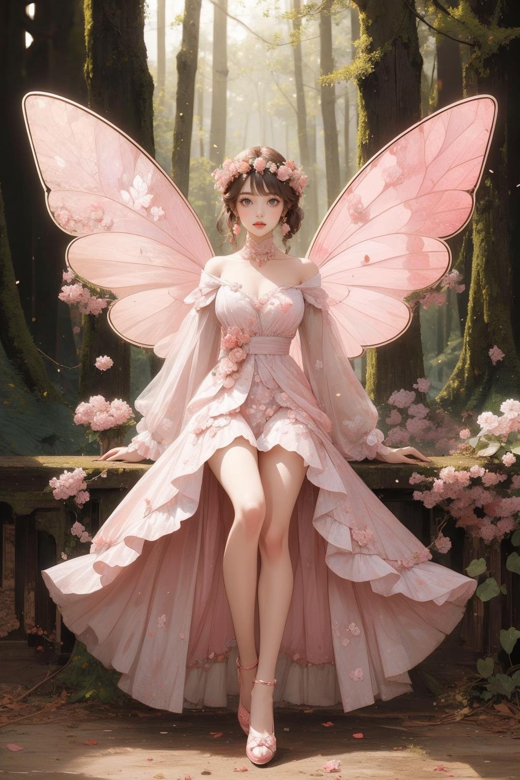 1girl,solo,<lora:md1-000009:0.7>,butterfly wings,full body,looking at viewer,forest,pink theme,, masterpiece,best quality,ultra-detailed,