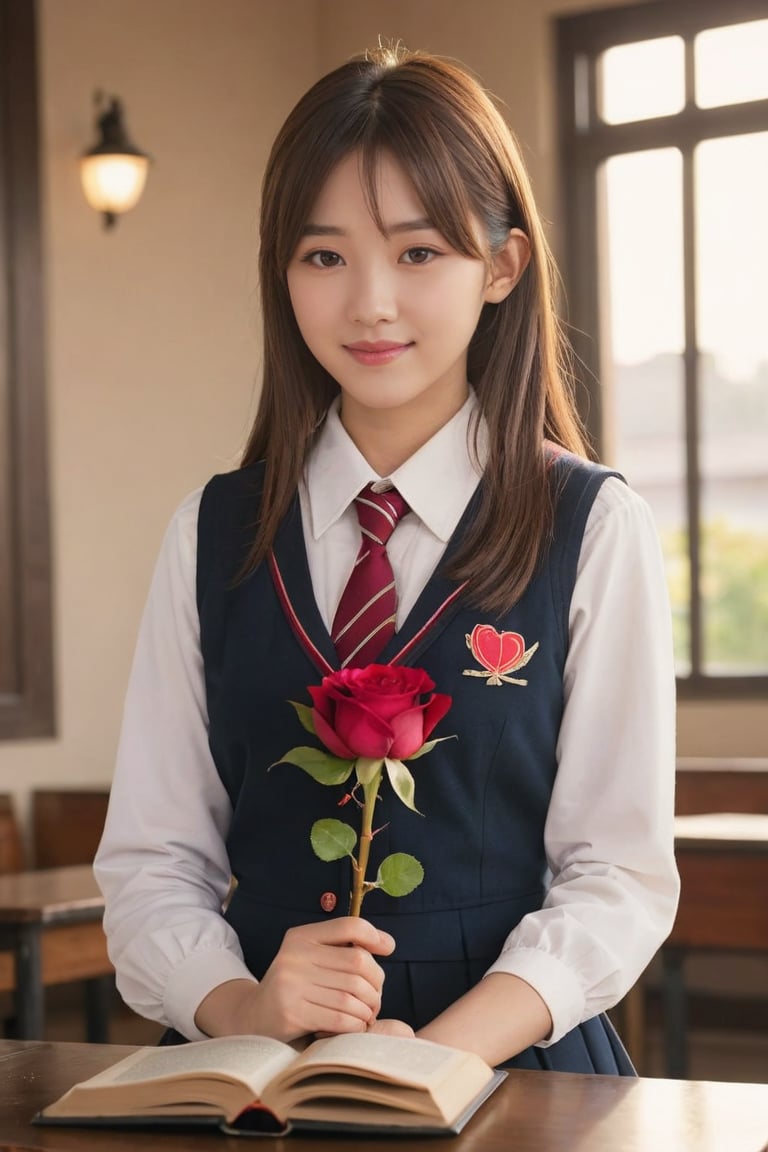 A girl in a school uniform, holding a rose and a book, blushing at her first love, who asked her to be his valentine,
full of love and romantic atmosphere, softer lens filter, soft and warm light, retro style
,photorealistic:1.3, best quality, masterpiece,MikieHara,