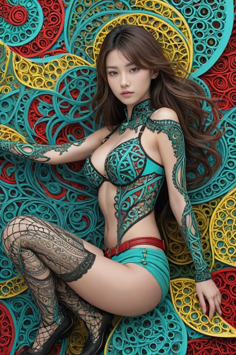 Super Detailed, Beautiful and Aesthetic, Masterpiece, Top Quality, (Zentangle, Mandala, Tangle, Tangle), (Fractal Art: 1.3), One Girl, Highly Detailed, Dynamic Angle, Cowboy Shot, the most beautiful form chaos, elegant, brutalist design, bright colors, red, cyan, yellow, green, romanticism
,photorealistic:1.3, best quality, masterpiece,MikieHara, HUBG_Beauty_Girl