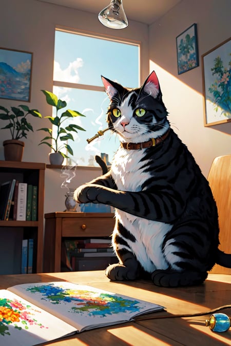 Beautiful Cartoon Painting of a a cat person smoking a bong with background indoors , highly detailed Pixelate