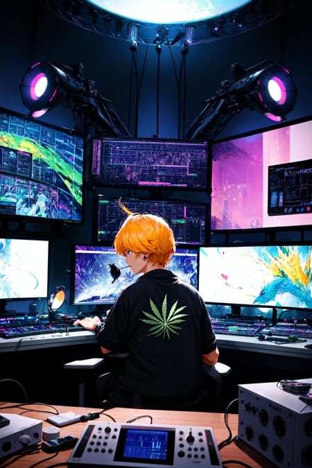 'black chicken'!!! smoking 'cannabis'!!!!!! in front of 'audio console'!!!! and 'multi monitors'!!!! 'in a hi-tech tv broadcasting studio'!!!!, artwork by James Gilleard