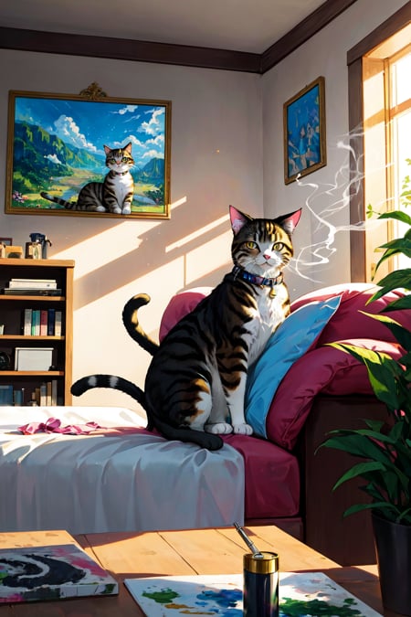 Beautiful Cartoon Painting of a a cat person smoking a bong with background indoors , highly detailed Pixelate