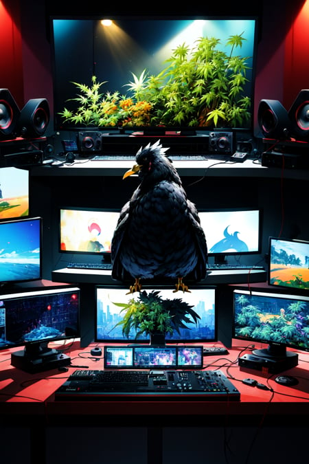 'black chicken'!!! smoking 'cannabis'!!!!!! in front of 'audio console'!!!! and 'multi monitors'!!!! 'in a hi-tech tv broadcasting studio'!!!!, artwork by James Gilleard