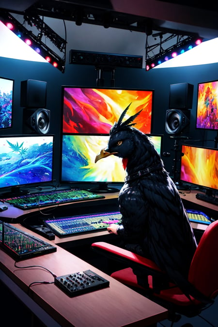 'black chicken'!!! smoking 'cannabis'!!!!!! in front of 'audio console'!!!! and 'multi monitors'!!!! 'in a hi-tech tv broadcasting studio'!!!!, artwork by James Gilleard