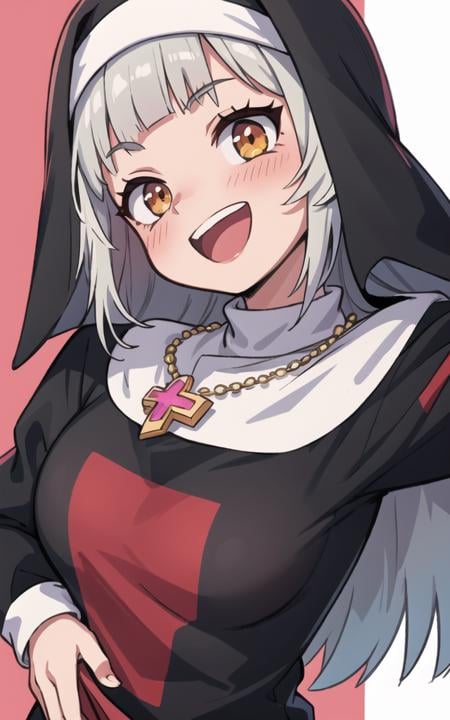 best quality,llustration,nia teppelin, 1girl, virtual youtuber, nun, solo, upper body, open mouth, smile, :d, looking at viewer, blunt bangs, blush, long hair, medium breasts, long sleeves, jewelry, necklace, hoodie, habit