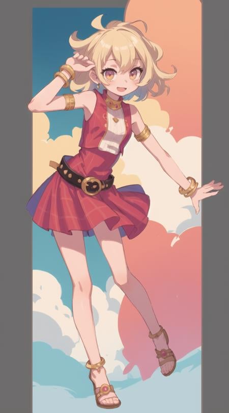 best quality,llustration,nia teppelin, 1girl, solo, upper body, +_+, smile, short hair, cloud hair, blonde hair, two-tone hair,( multicolored hair:1.2), sleeveless, jewelry, pink dress, bracelet, bangle, armlet, belt, anklet,