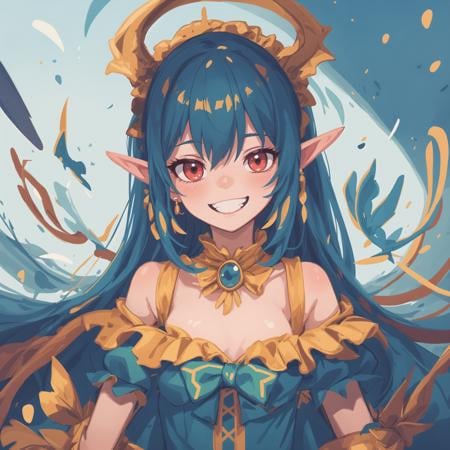 best quality,llustration,nia teppelin,1girl, elf, upper body, pointy ears, solo, looking at viewer, blush, long hair, bangs, red eyes, grin, smile, blue hair, red bow, earrings, jewelry, dress, off shoulder