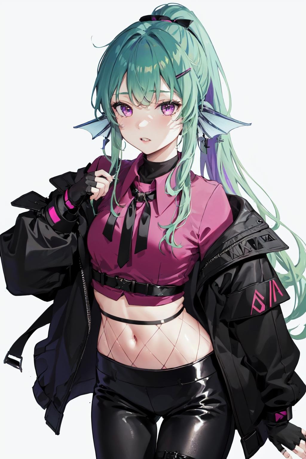 masterpiece, (detailed, highres, best quality), 1girl,  <lora:spfinanaRyugu-09:1> finana3st, purple shirt, hairclip, black gloves, fingerless gloves, black jacket, midriff, black pants, fishnets, earrings, white background