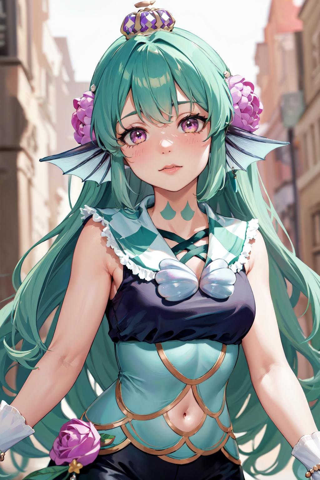 masterpiece, (detailed, highres, best quality), 1girl,  <lora:spfinanaRyugu-09:1> finana1st, neck tattoo, hair flower, navel cutout, seashell, crown, frilled sailor collar, bike shorts, showgirl skirt, wrist cuffs, blurry, blurry background, depth of field, flower, food, pink flower, pink rose, rose, upper body, white flower