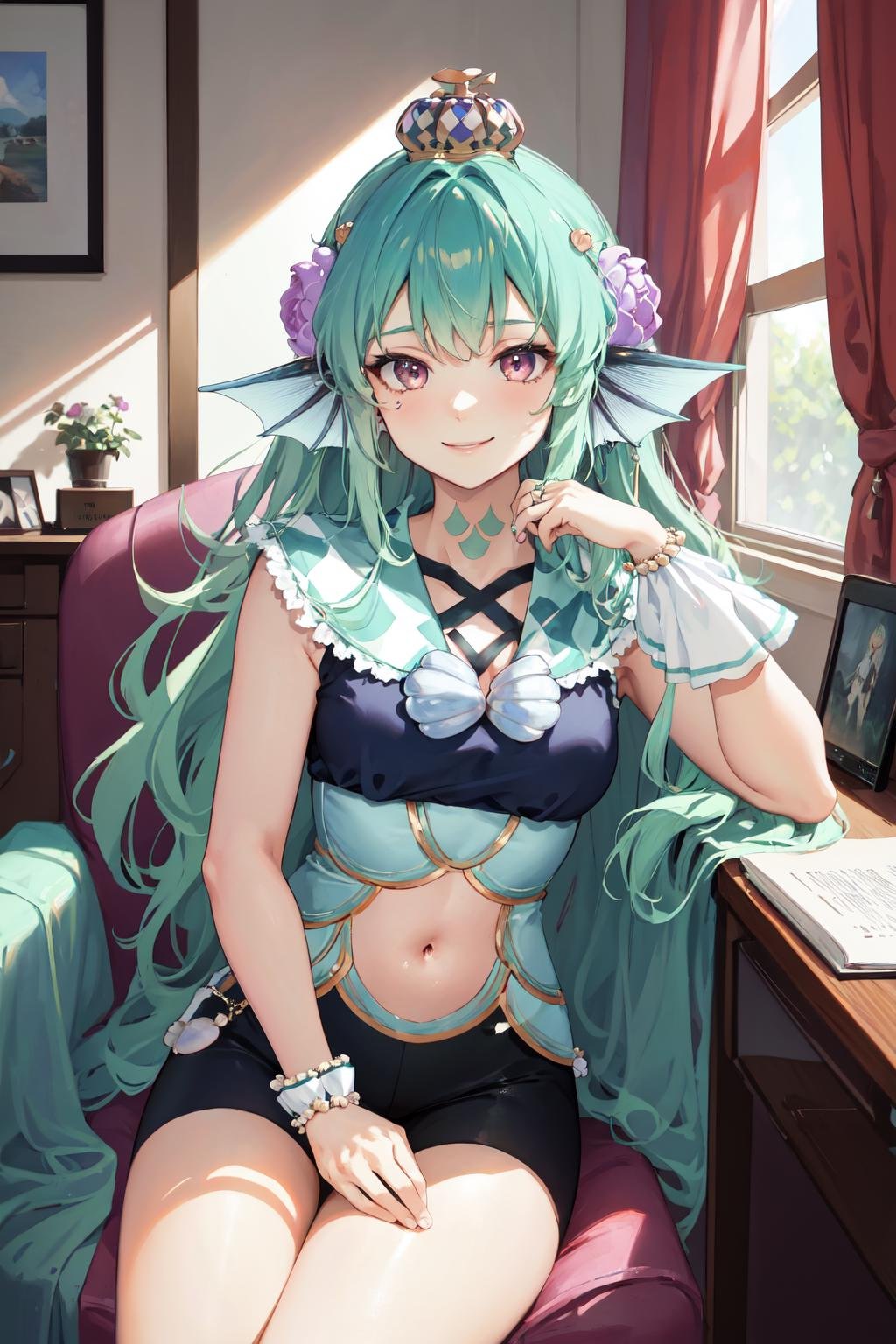 masterpiece, (detailed, highres, best quality), 1girl,  <lora:spfinanaRyugu-09:1> finana1st, light smile, neck tattoo, hair flower, navel cutout, seashell, crown, frilled sailor collar, bike shorts, showgirl skirt, wrist cuffs, school, sitting on chair