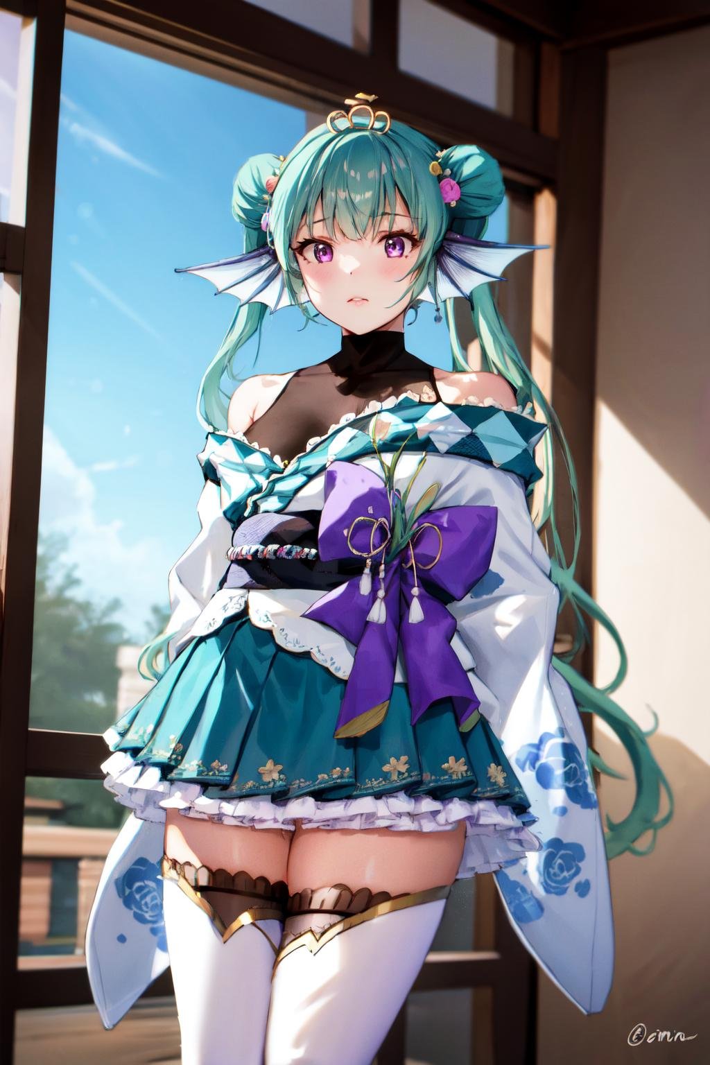 masterpiece, (detailed, highres, best quality), 1girl,  <lora:spfinanaRyugu-09:1> finana2st, twintails, tiara, purple bow, hair flower, white kimono, obi, sash, black bodysuit, green skirt, white thighhighs, box, gift, gradient sky, indoors, light particles, signature, sky, striped, twitter username, upper body, valentine, window, (arms behind back:1.1) 