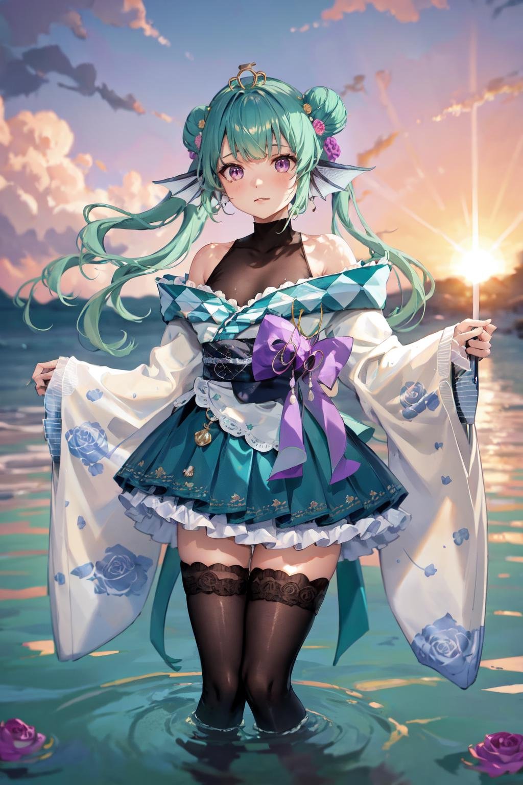 masterpiece, (detailed, highres, best quality), 1girl,  <lora:spfinanaRyugu-09:1> finana2st, twintails, tiara, purple bow, hair flower, white kimono, obi, sash, black bodysuit, green skirt, white thighhighs, backlighting, beach, blurry, blurry background, cloud, cloudy sky, depth of field, dutch angle, flower, outdoors, rose, sky, sunlight, sunset, wading, water, white flower, yellow flower, yellow rose