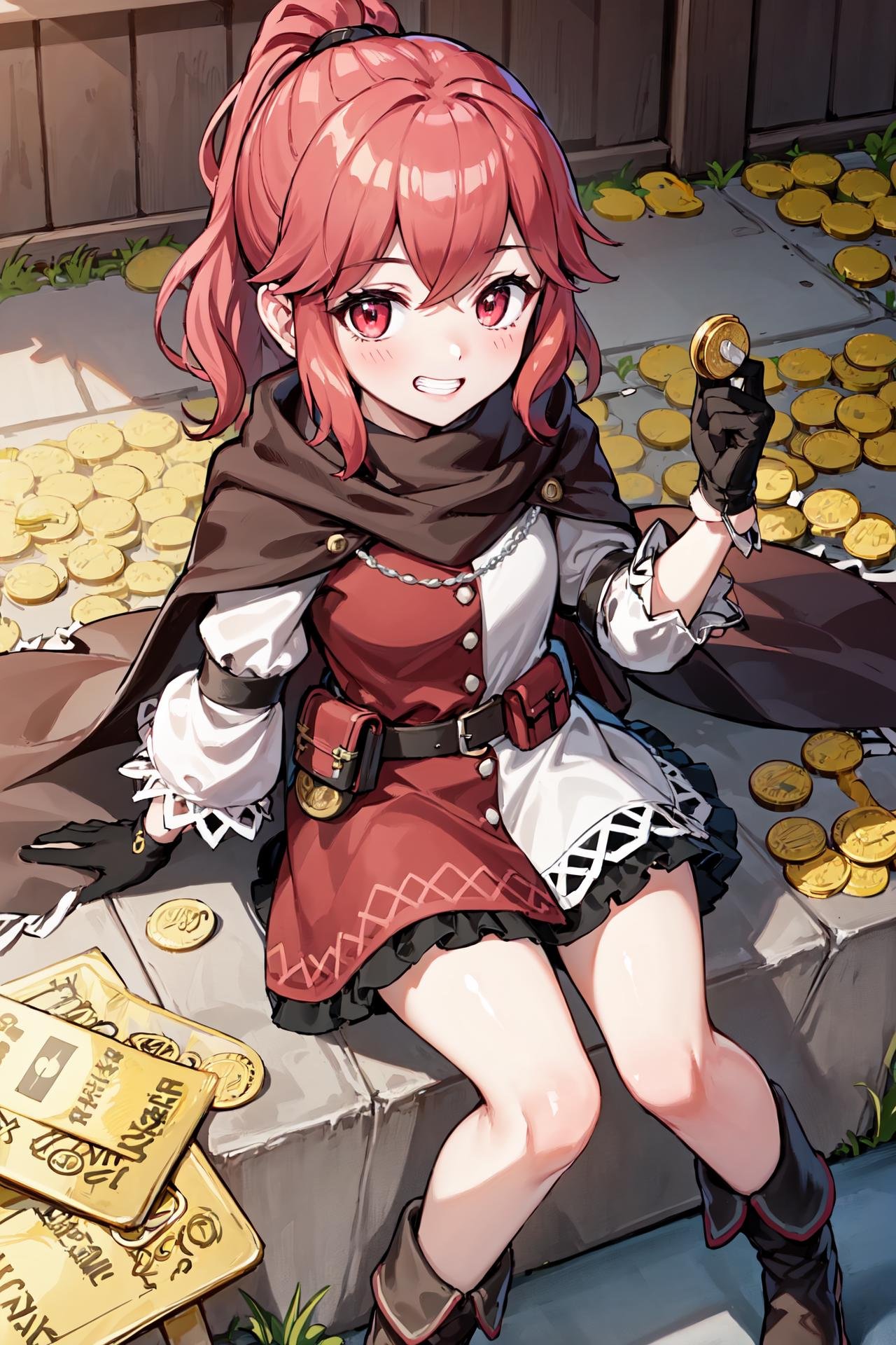 (holding coin,sitting on pile of gold coins,from above:1.2),<lora:annaV2:0.85>,def_anna, gloves,grin, looking at viewer, black gloves, boots, long sleeves, dress, cape, pouch,black footwear, cloak, belt, brown cape, puffy sleeves, belt pouch, ankle boots, buttons, puffy long sleeves, scarf, skirt, brown cloak,brown scarf, indoors, (masterpiece, best quality, ultra-detailed, best shadow)