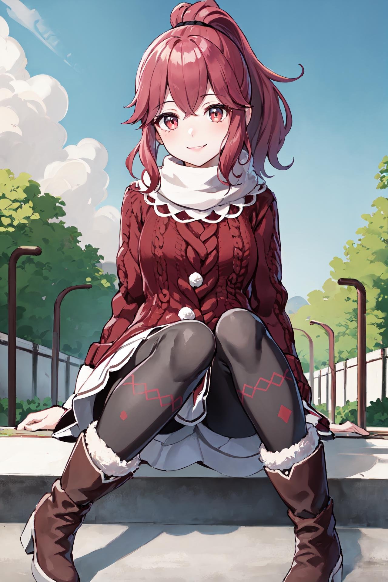 <lora:annaV2:0.9>,oth_anna, red sweater dress, white skirt, boots, looking at viewer, pantyhose, brown footwear, long sleeves, smile, scarf, fur-trimmed boots, ankle boots,outdoors, (masterpiece, best quality, ultra-detailed, best shadow)