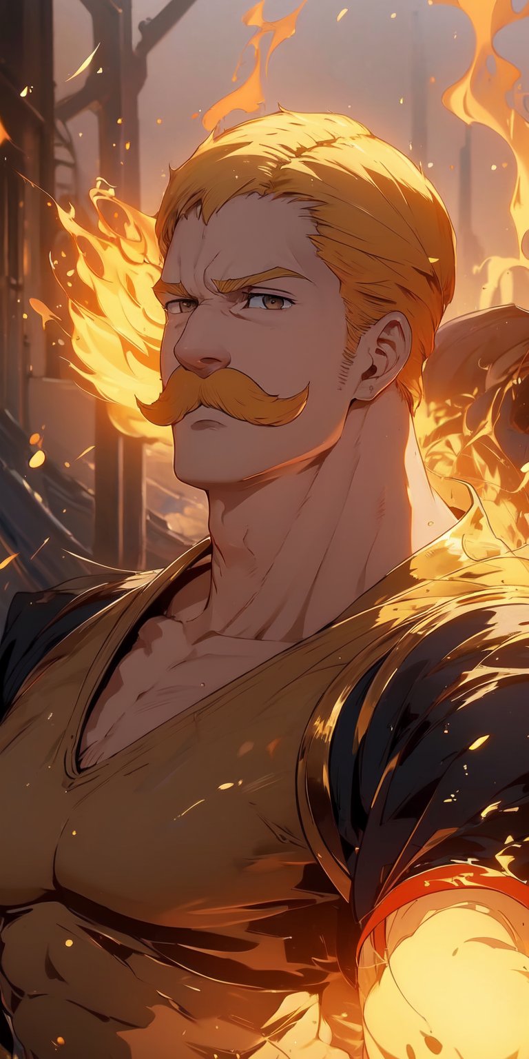 Photorealistic, epic, (Masterpiece), high quality ,Escanor, blonde hair, moustache, muscular, fire