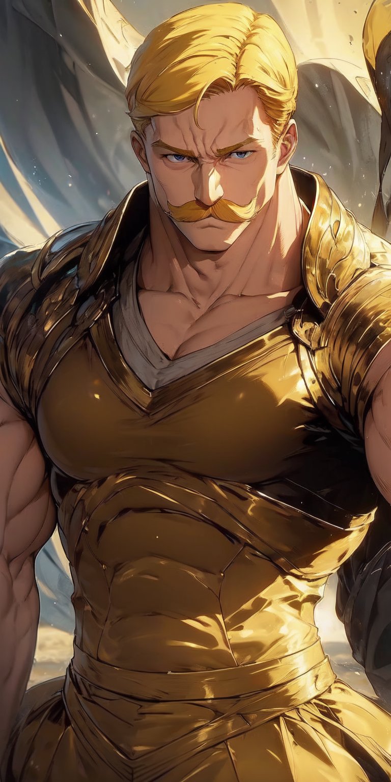 Photorealistic, (Masterpiece), handsome, masculine,high quality,Escanor, blonde hair, moustache, muscular