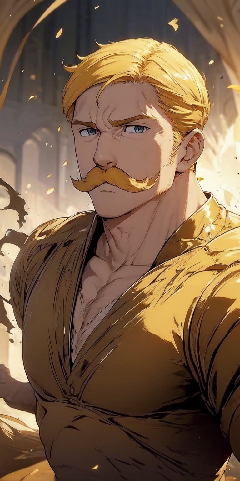 Photorealistic, (Masterpiece), handsome, masculine,high quality,Escanor, blonde hair, moustache, muscular