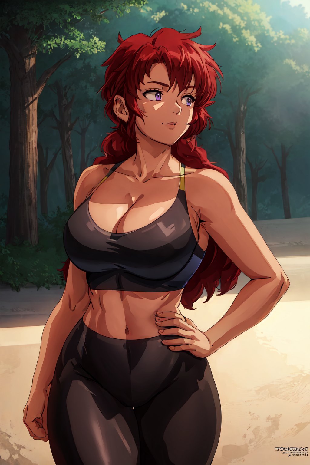 Long hair,  masterpiece,  best quality,  highly detailed background,  perfect lighting,  best quality,  (extremely detailed face),  volumetric lighting,  intricate details,  shadow,  (solo:1.5),  tonemapping,  sharp focus,  hyper detailed,  trending on Artstation
BREAK
red hair,  purple eyes,  (wide hips,  curvy_figure,  thick-thighs,  curvy,  curvy_hips ),  (sportswear,  black sportsbra),  (hands),  cleavage,  forest,  outdoors,  :),  slender_waist