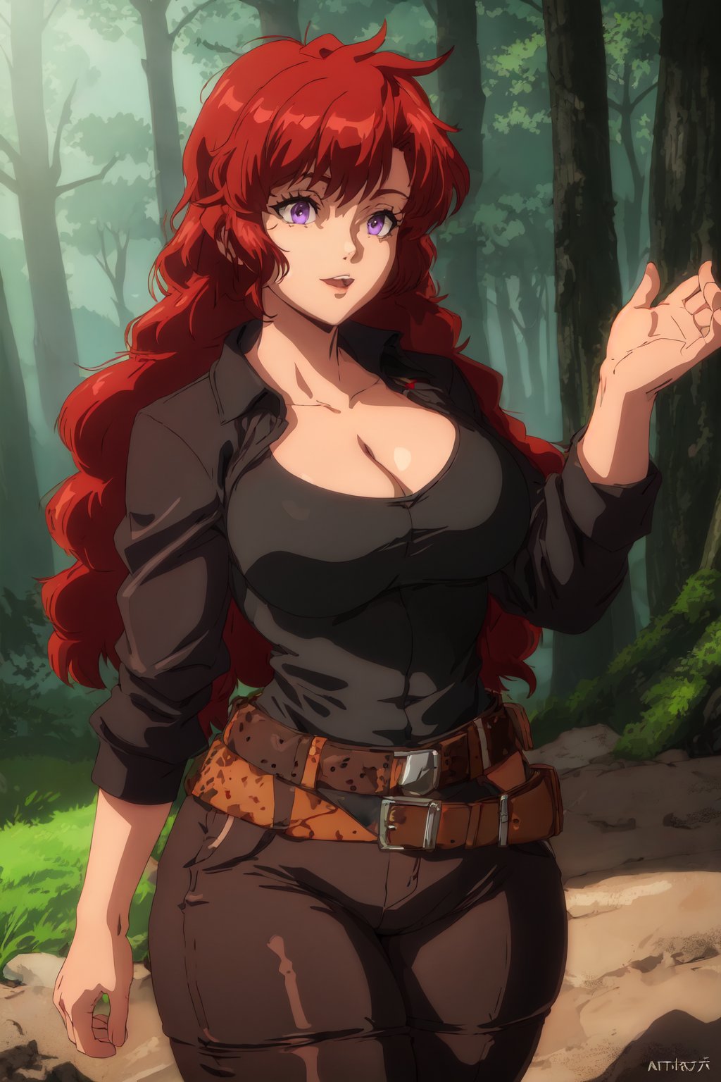 Long hair,  masterpiece,  best quality,  highly detailed background,  perfect lighting,  best quality,  (extremely detailed face),  volumetric lighting,  intricate details,  shadow,  (solo:1.5),  tonemapping,  sharp focus,  hyper detailed,  trending on Artstation
BREAK
red hair,  purple eyes,  (wide hips,  curvy_figure,  thick-thighs,  curvy,  curvy_hips ),  (pants, black shirt, leather belt),  (hands),  cleavage,  forest,  outdoors,  :),  slender_waist, 