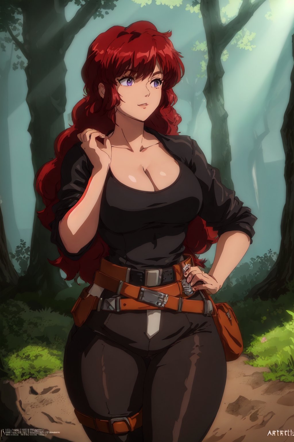 Long hair,  masterpiece,  best quality,  highly detailed background,  perfect lighting,  best quality,  (extremely detailed face),  volumetric lighting,  intricate details,  shadow,  (solo:1.5),  tonemapping,  sharp focus,  hyper detailed,  trending on Artstation
BREAK
red hair,  purple eyes,  (wide hips,  curvy_figure,  thick-thighs,  curvy,  curvy_hips ),  (pants, black shirt, leather belt),  (hands),  cleavage,  forest,  outdoors,  :),  slender_waist, 