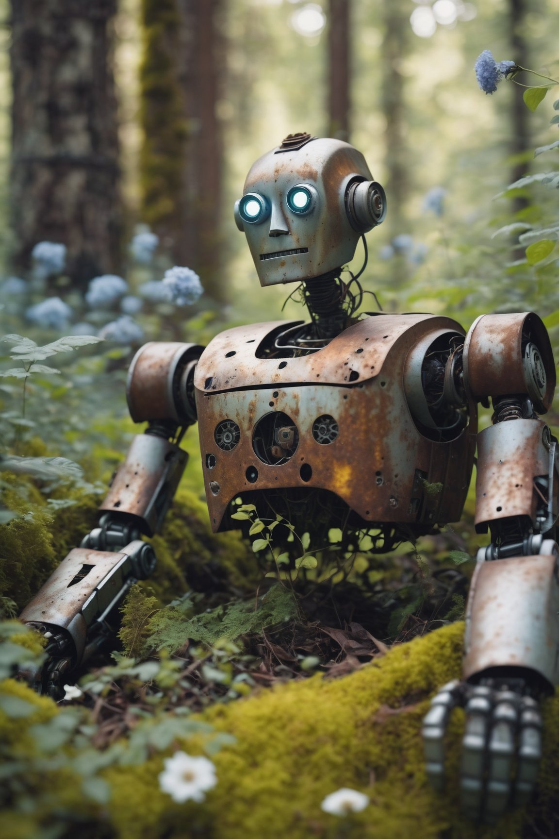 a dead old and rusty body of a robot lying in the forrest, plants and flowers grow out of the body of robot, depth of field, bokeh effect, ultra realistic, cinematography, hyper detailed, absolute realism
