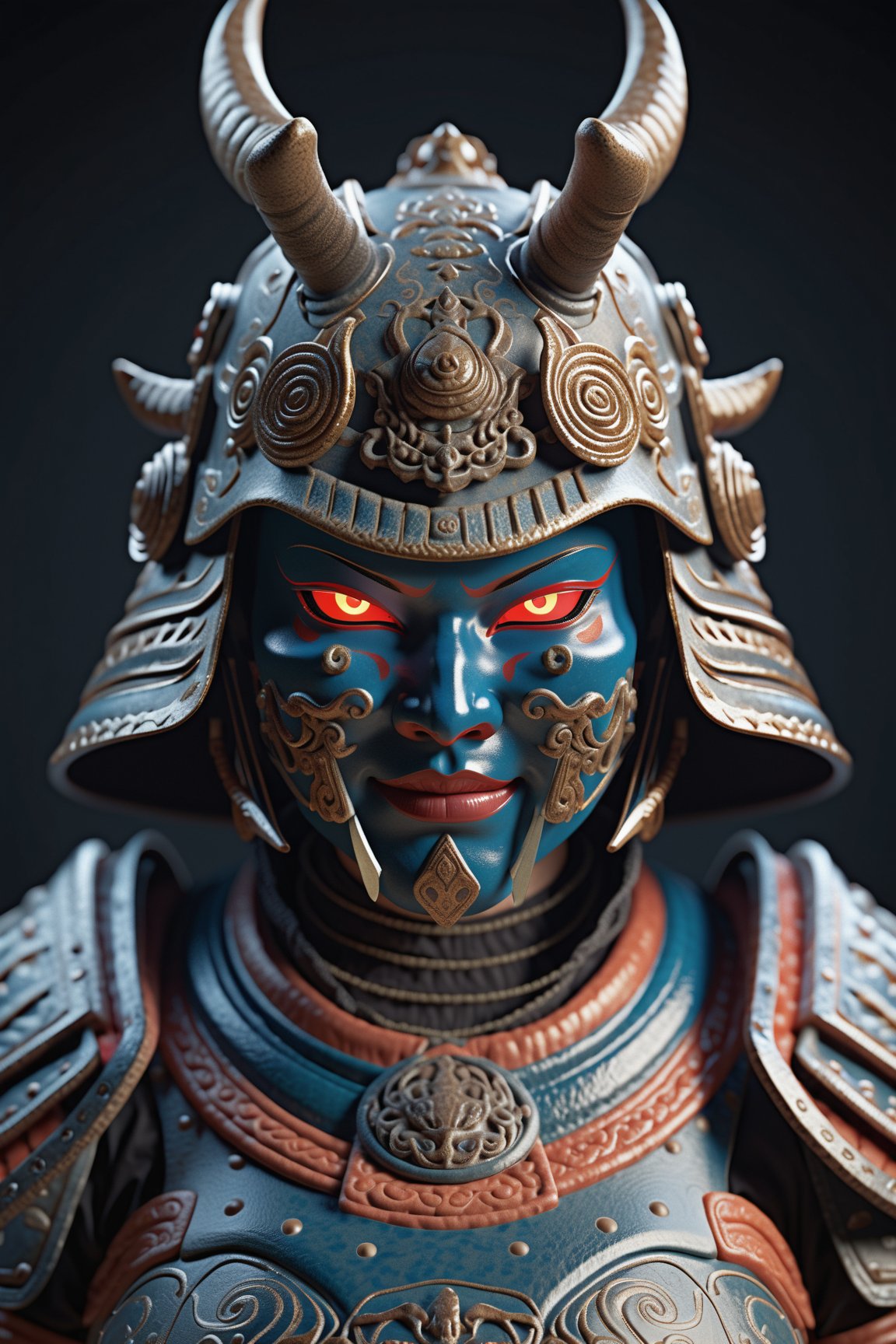 woman, samurai armor, helmet oni evil mask intricate, ornaments detailed, cold colors, metal, egypician detail, highly intricate details, realistic light, trending on cgsociety, glowing eyes, facing camera, neon details, ultra realistic details, portrait full body, japanese atmosphere, global illumination, shadows, octane render, 8 k, ultra sharp
