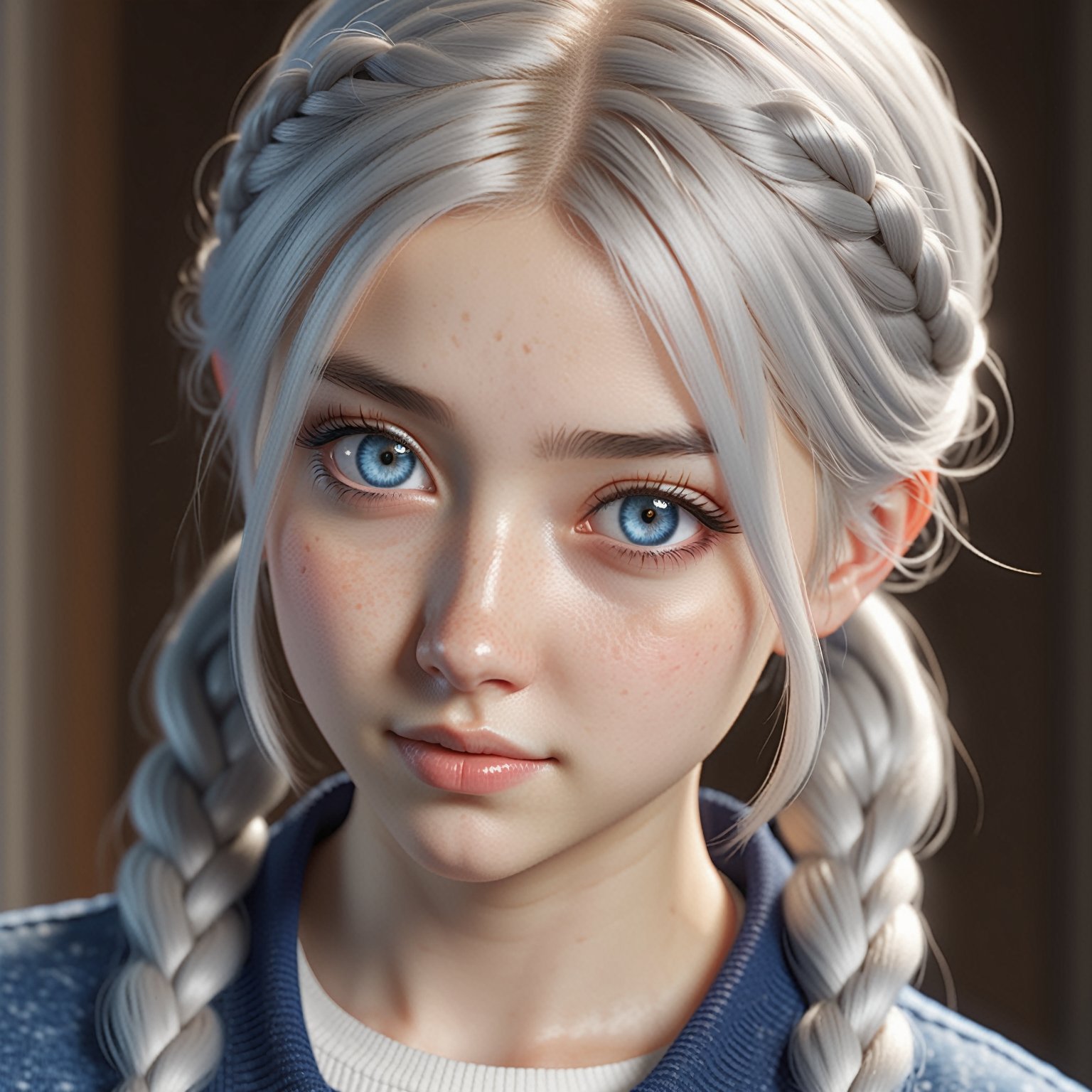 (matsue:1.5), blue eyes, white hair, close up, soft blue crop top, jeans pants, braid twin tails hair, masterpiece, best quality, raw photo, photorealistic, face, incredibly absurdres, beautiful girl, cute, braid hair, depth of field, highres, ultra-detailed, finely detail, extremely detailed, extremely detailed eyes and face, sharp pupils, realistic pupils, sharp focus, cinematic lighting
