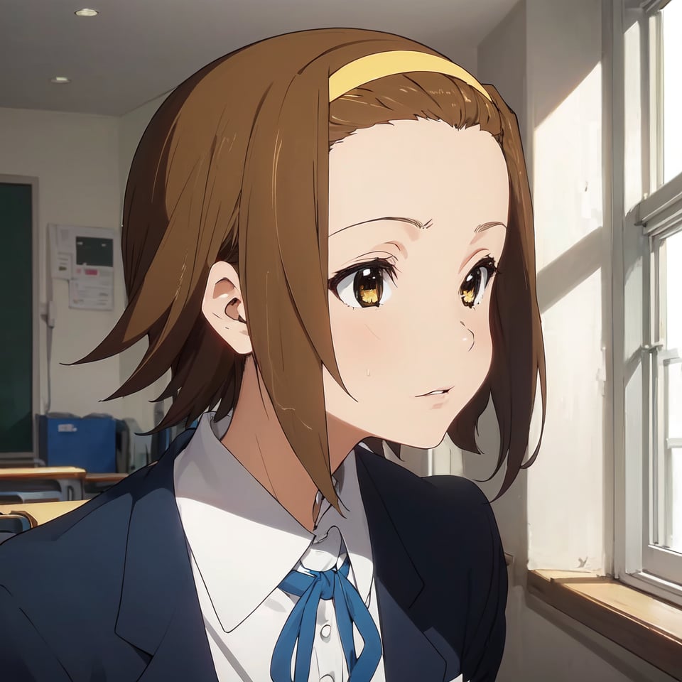 1girl, ((face)),(Masterpiecel,high_resolution ,Ritsu Tainaka, yellow hairband, brown hair, brown eyes , short hair, school uniform