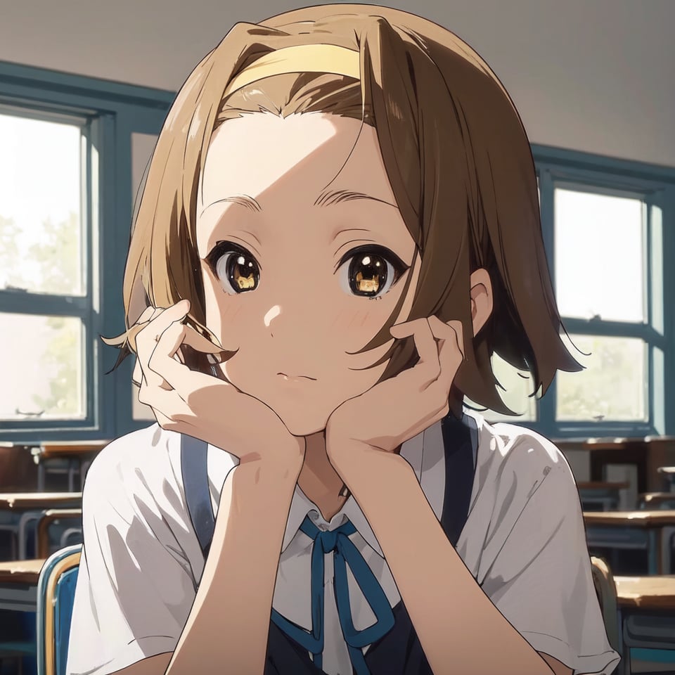 1girl, ((face)),(Masterpiece),high_resolution ,Ritsu Tainaka, yellow hairband, brown hair, brown eyes , short hair, school uniform, nice hands, perfect hands, resting her face on her hands