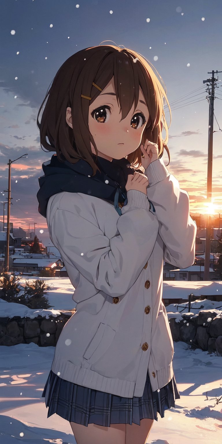 1girl, girl focus, (Masterpiece),  snow, sunset, high_resolution,Yui Hirasawa