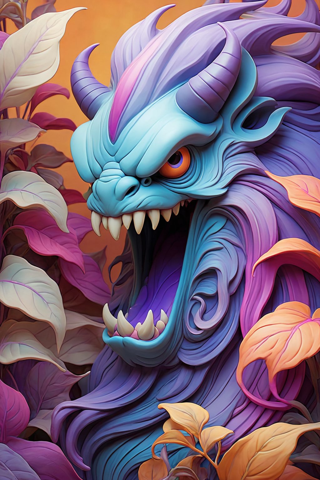 beautiful art noveau style monster in the garden in autumn, lilac orange cream blue fuchsia bright vivid gradient colors, close-up, nature-inspired, art noveau aesthetic, elegant, organic shapes, decorative, curvilinear forms, flowing lines, sophisticated, highly detailed, beautifully lit, 