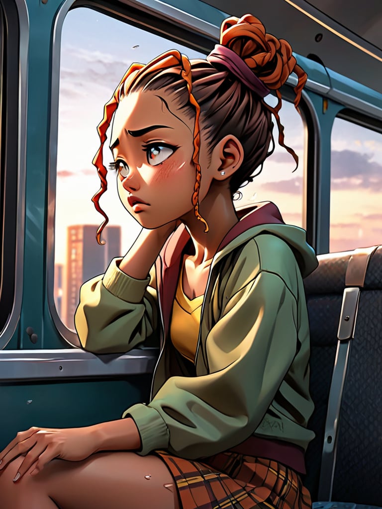 manga comic style,a cute girl,sit in a bus,looking to the street outside the window,side down view,crying out of tears dropping,masterpiece weepy style,dusk,burly,auburn cornrows hair,bus interior background,fantasy,mysterious,by Adonis Kobi,hyperrealistic,masterpiece,hyper detailed,high contrast detail,sharp focus,abstract expressionist anime of an award-winning artwork,nsfw,Mysterious,