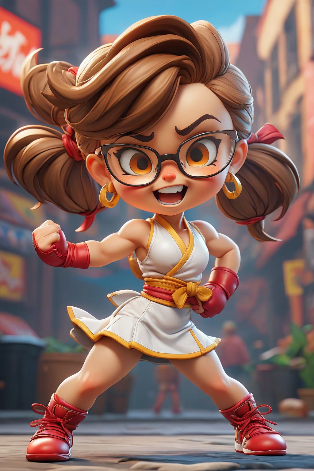 Street Fighter style 3d Full body chibi adorable TINY kid kid, happy face cheer up, wear glassescute girl, charming cartoon character, photorealistic technique, mass surrealism, ultra hd, realistic, vivid colors, highly detailed, UHD drawing, pen and ink, perfect composition, beautiful detailed intricate insanely detailed octane render trending on artstation, 8k artistic photography, photorealistic concept art, soft natural volumetric cinematic perfect light . Vibrant, dynamic, arcade, 2D fighting game, highly detailed, reminiscent of Street Fighter series