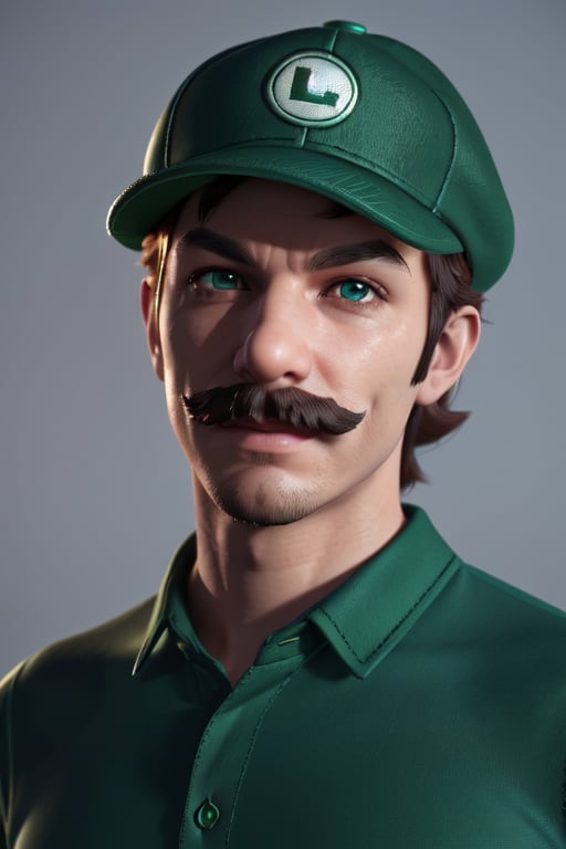 3d render, 1boy, Luigi, super mario bros, upperbody, wearing green hat with "L" symbol, blue suspender, green shirt, skinny, 3d render, unreal engine 5 render, detailed face, detailed eyes, perfect eyes