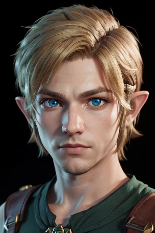 3d render, 1boy, Link, blue eyes, Legend of zelda ocarina of time, upperbody, blonde hair,  wearing green tunic, (masterpiece, best quality, high quality,intricate details, perfect eyes, detailed eyes:1.2)